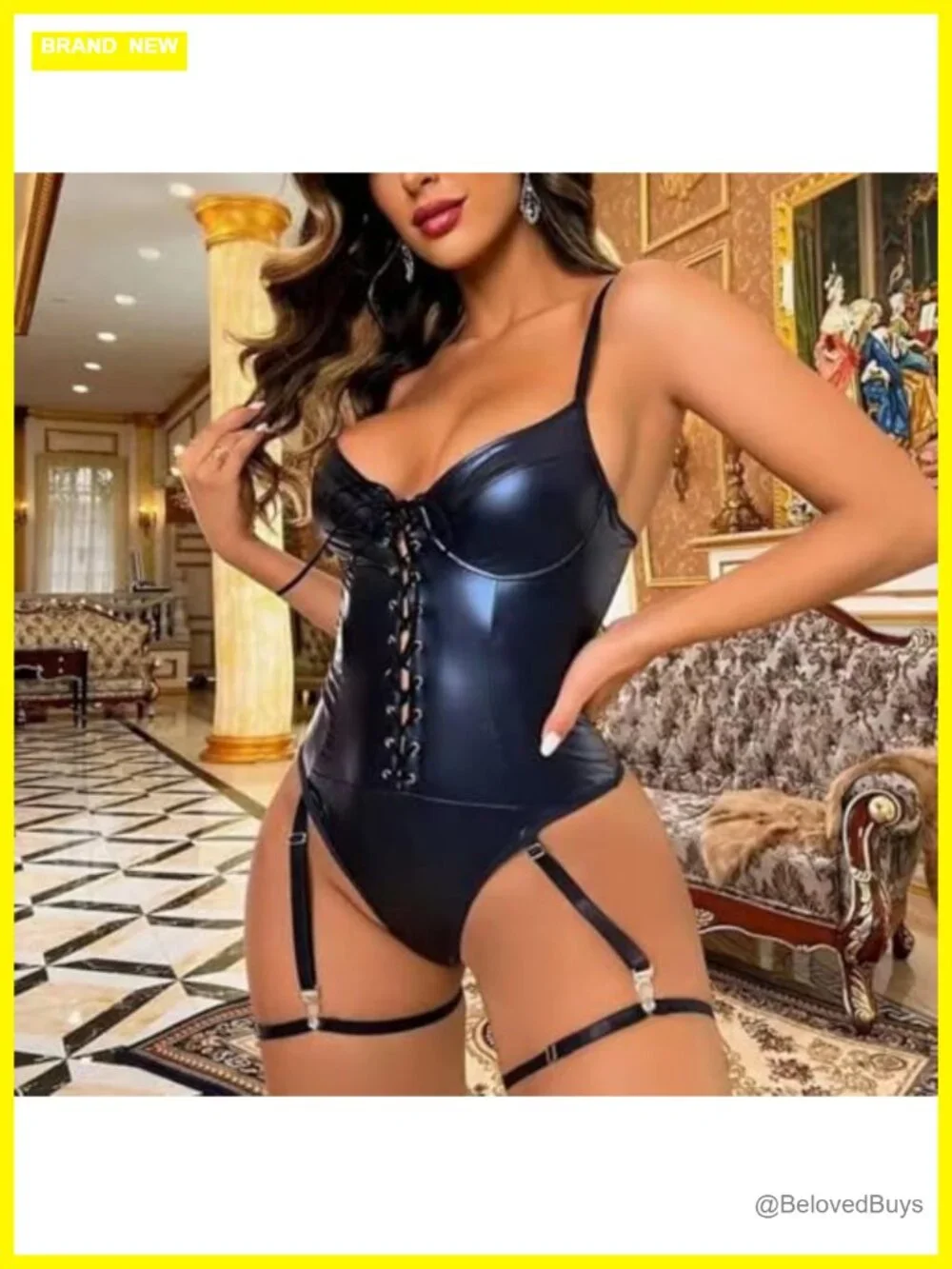 PU Leather Lace Up Bodysuit Corset Teddy Sexy V Neck Backless